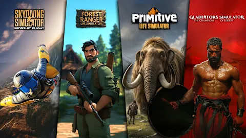 MEGA SIMULATOR BUNDLE - Forest Ranger Life Simulator / Primitive Life Simulator / Gladiators Simulator: The Champions of Liberty / Skydiving Simulator: Wingsuit Flight