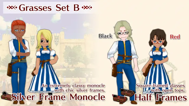 Glasses Set B ( Silver Frame Monocle, Black and Red Half Frames )